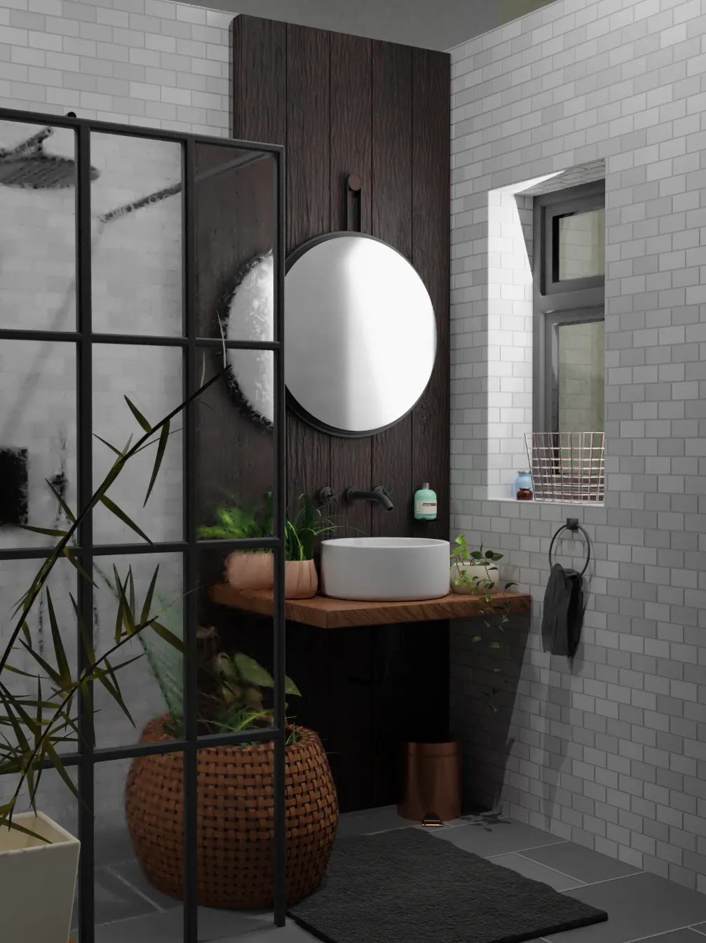 a 3d render of a modern bathroom with a circular mirror above the sink on a wooden accent plank and a plant showing at the side beside a glass shower partition
